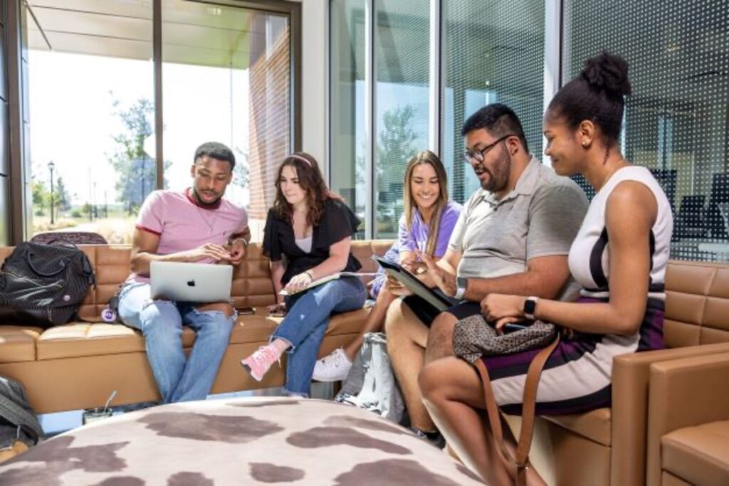 students sitting in a study area learning