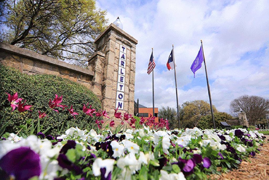 Picture of Tarleton Gates, with purple and white flowers in the foreground