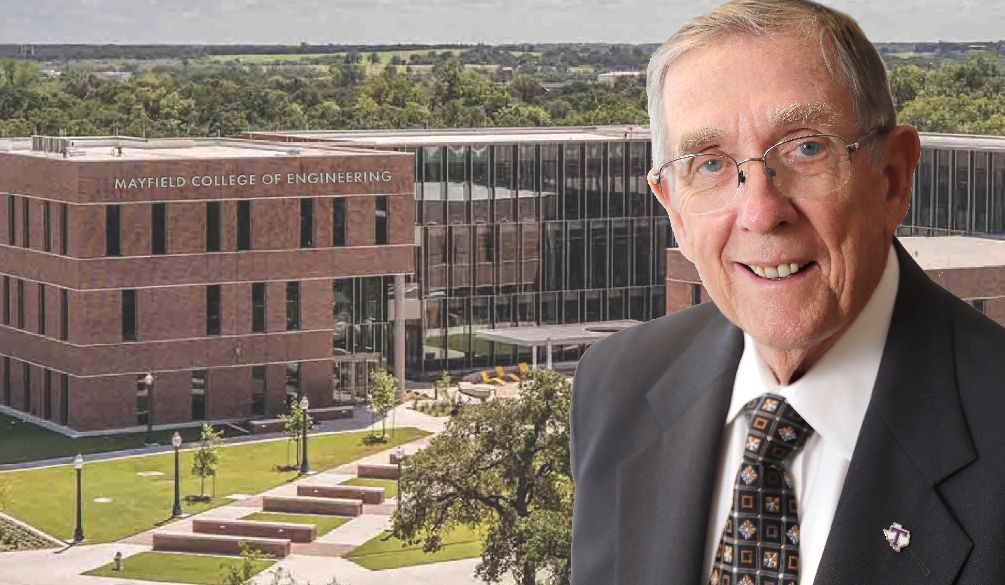 engineering building with Dr. Dwain Mayfield headshot to the side.